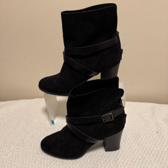 new directions Shoes - New Directions Black Suede Ankle Boots Block Heel Buckle Strap Back Zip Bootie